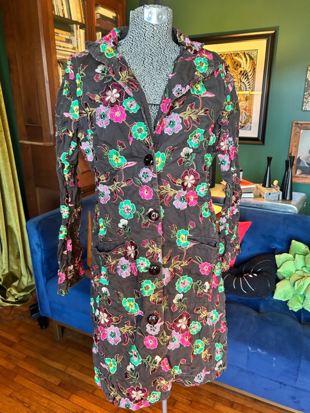 Johnny Was Black Trench Coat with Pink & Green Floral Embroidery